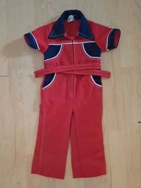 Vintage Retro Sears Red, Navy Jumpsuit With White Piping Wide Leg